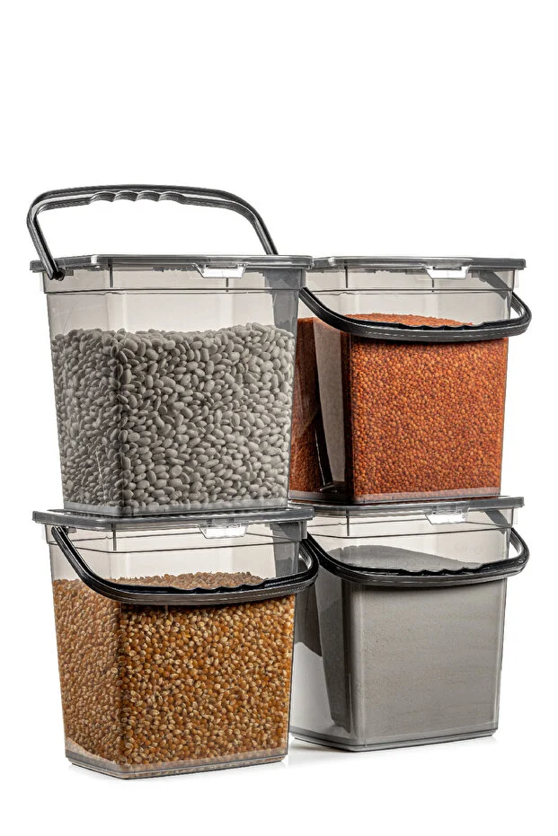 4 Adet Kare Un Bakliyat Kabı 6 Litre - Kulplu Deterjanlık Saklama Kutusu Kabı Antrasit